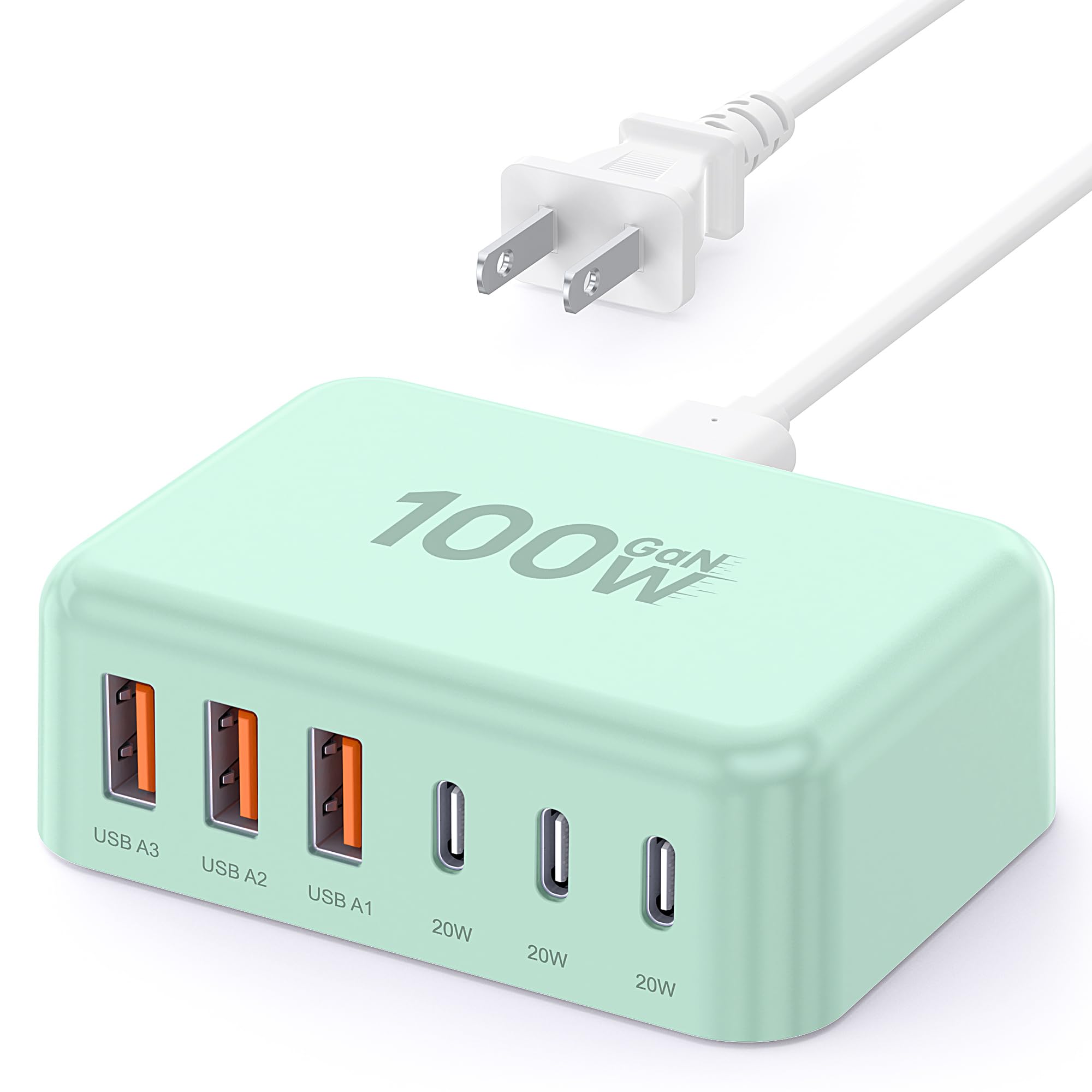 USB Fast Charger Block 50% Smaller 100W Max 6-Port GaN USB Charging Station