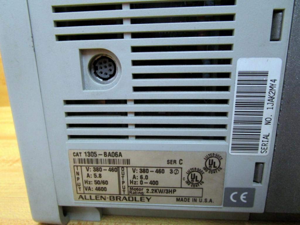 Rear view of Allen-Bradley 1305-BA06A AC Drive showing serial number and input/output specifications
