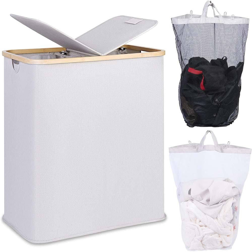 Collapsible Laundry Basket 2 Compartments with Lid, 140L Double Laundry Hamper, Removable Inner Bags, Bamboo Poles, for Bedroom Bathroom Laundry Room (Light Grey)