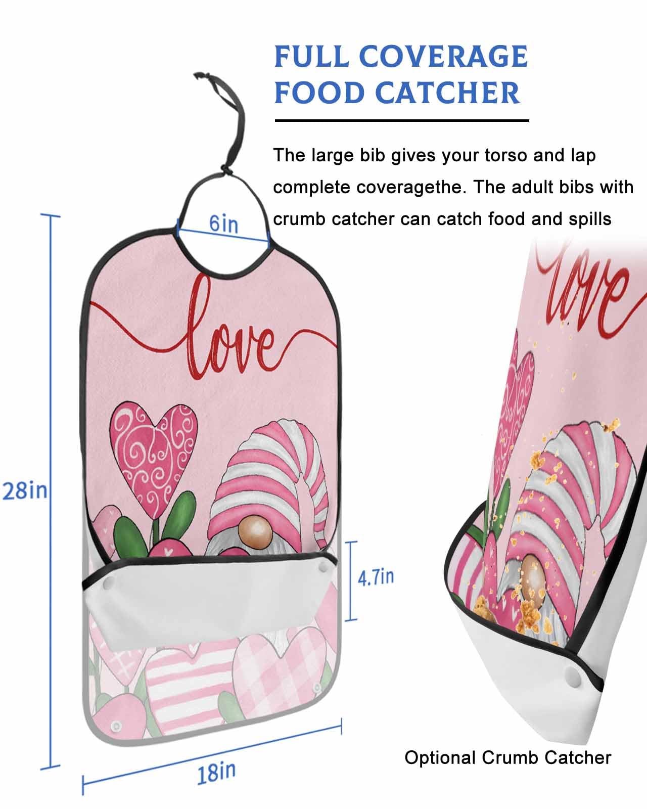 LEOKOTI Pink Gnomes Valentine Adult Bibs for Eating, Waterproof Bibs with Food Catcher & Adjustable Snap Closure, Love Heart Botanical Pink Washable Clothing Protectors Adult Bibs for Elderly