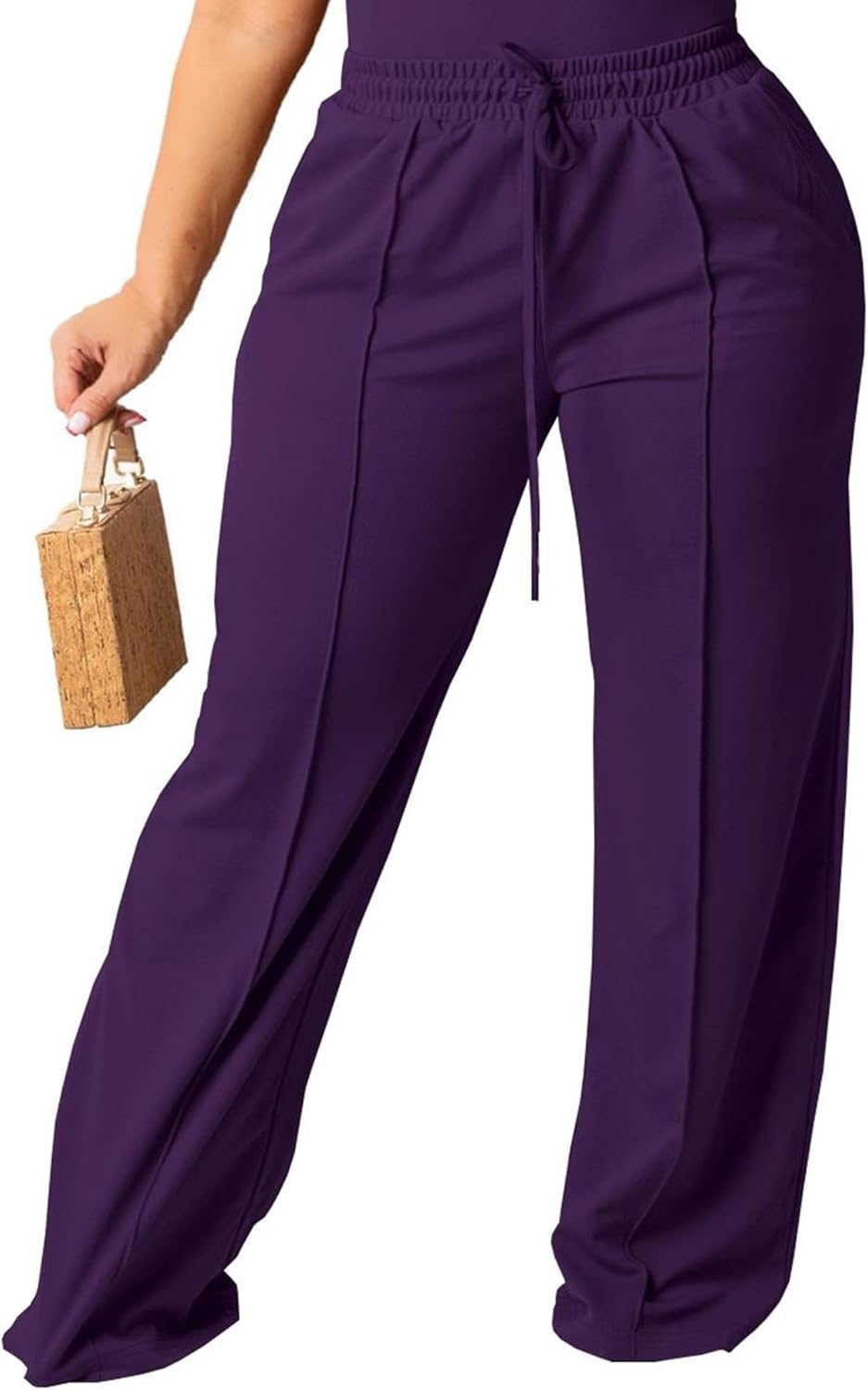 Women's Plus Size Casual Wide Leg Pants High Waisted Drawstring Baggy Sweatpants Elastic Straight Leg Lounge Pants Dark Purple 5X-Large Plus