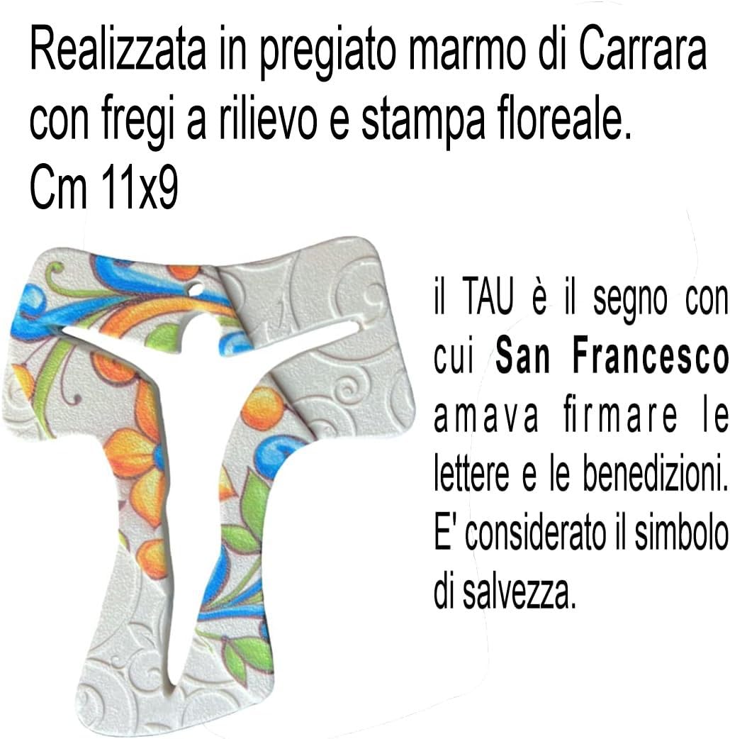 Regalami.Shop 10 Bomboniere Croci Tau in Marmo di Carrara con fregi a Rilievo e Stampa Ceramica Completo di Scatola e Portaonfetti (11x9, 10)