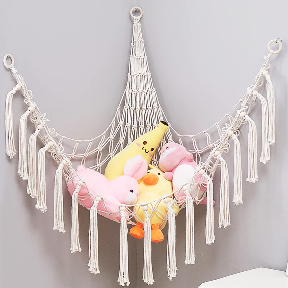 Stuffed Animal Toy Hammock Hanging-Large Corner Mesh Toy Storage Hanging Wall Toys Organizer with Light for Bedroom Decor
