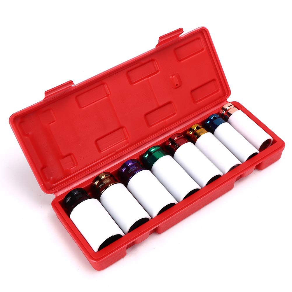 Schlagschrauber-Set, 8-teilig, Radmuttern-Steckschlüsseleinsätze, dünnwandig, tiefärmelig, kodiert, metrisch, 1/2 Zoll Antrieb, schützendes Radmuttern-Entfernungswerkzeug für