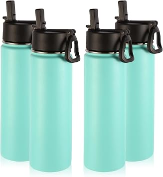 Volhoply Insulated Water Bottles with Straw Bulk 4 Pack, 22 oz Stainless Steel Double Walled Vacuum Travel Water with Wide Mouth, Reusable Metal Cold Water Flask for School HikingMint,4 Set