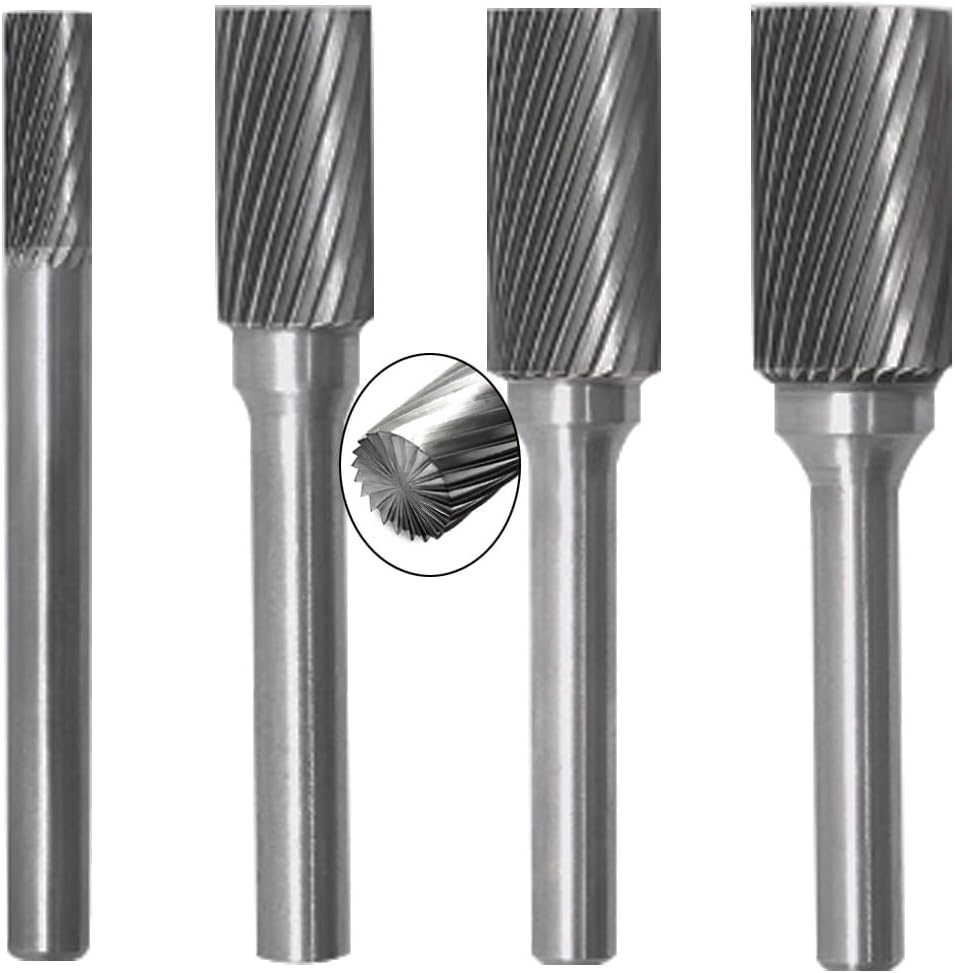 4 Pcs Single Slot Carbide Burr, 1/4'' Shank End Cut Cylindrical Shape Aluminum Cutting Carbide Burs for Rotary Tools (AE Type)