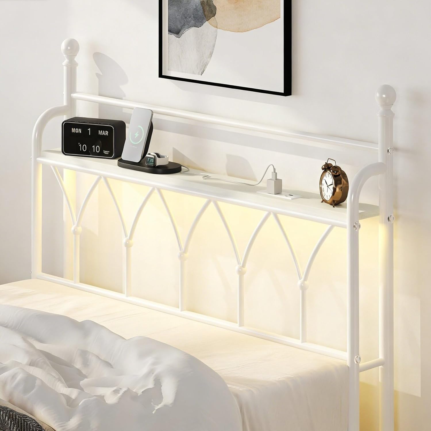 HAY Full Size Bed Frame with Storage Headboard and LED Light, Classic Metal Platform Bed Frame with Charging Station, Under Bed Storage, No Box Spring Needed, Noise Free, White