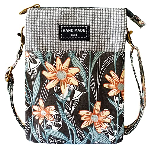 Image of LassZone Canvas Cute Crossbody Bags for Women Mini Shoulder Handbag Cell Phone Purse Wallet Leaves Pattern Coin Pouch, Style 2:black Grey, 19x14x2 cm