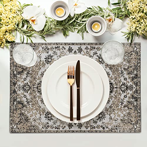 Image of Ethnic Boho Placemats Set of 4 Bohemian Carpet Vintage Gray Floral Linen Washable Kitchen Dining Southwestern Table Mats Stain Heat-Resistant Desktop Decor Place Mats for Home Party Indoor 12x18 in