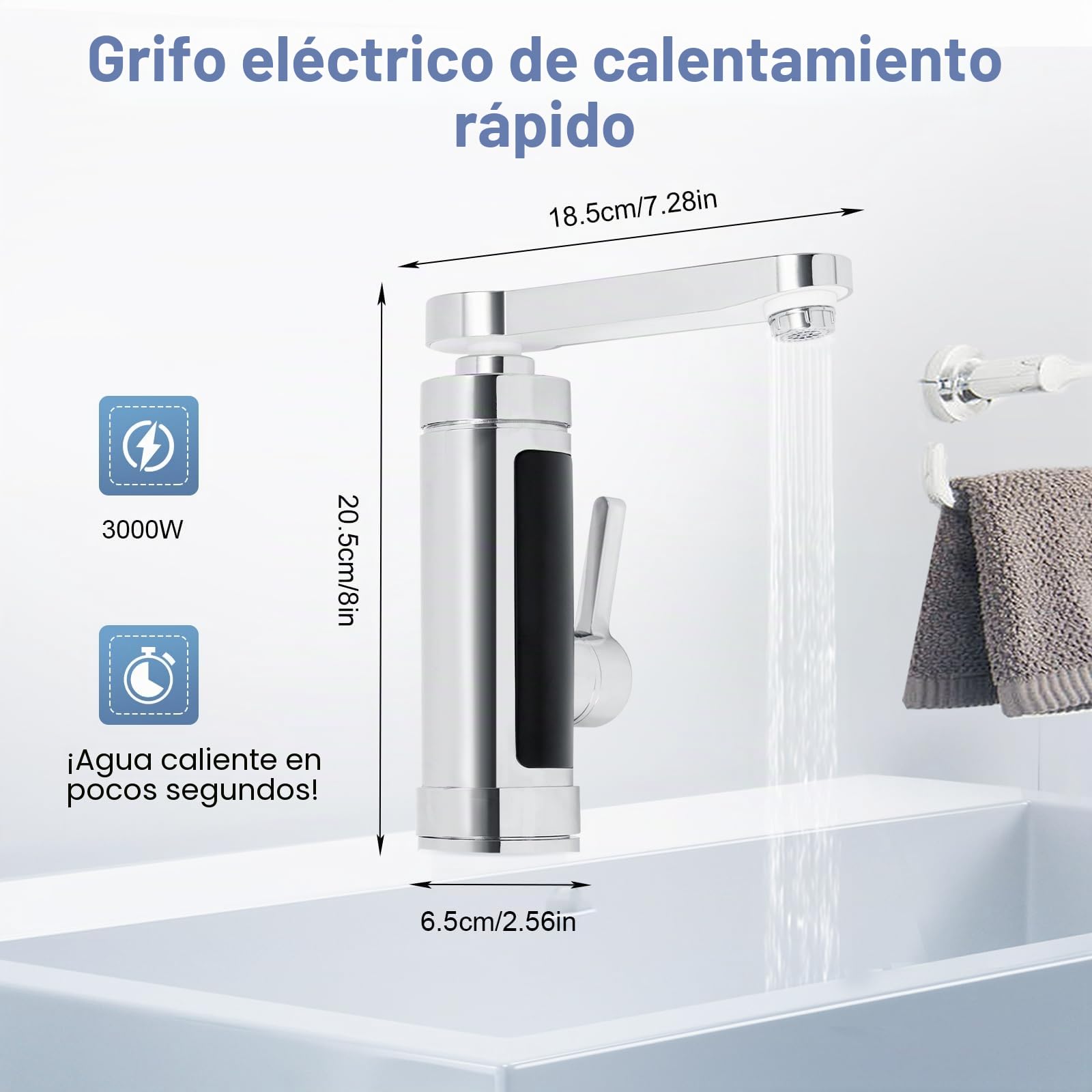 Grifo con calentador de agua instantáneo, 3000 W IPX4 Calentador eléctrico Grifo con indicador de temperatura LED legible, 360° giratorio Grifo calentador instantáneo para cocina, baño (plateado)