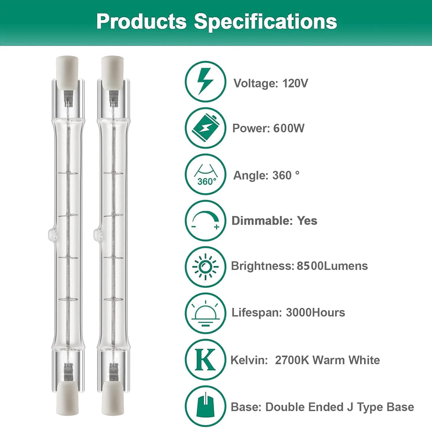 R7S 118mm Halogen Light Bulbs 600W J Type 4.65 Inch T3 RSC 360º Beam Angle 2700K Warm White 9000 Lumen Double Ended Light Bulbs for Work Security Landscape,5 Pack