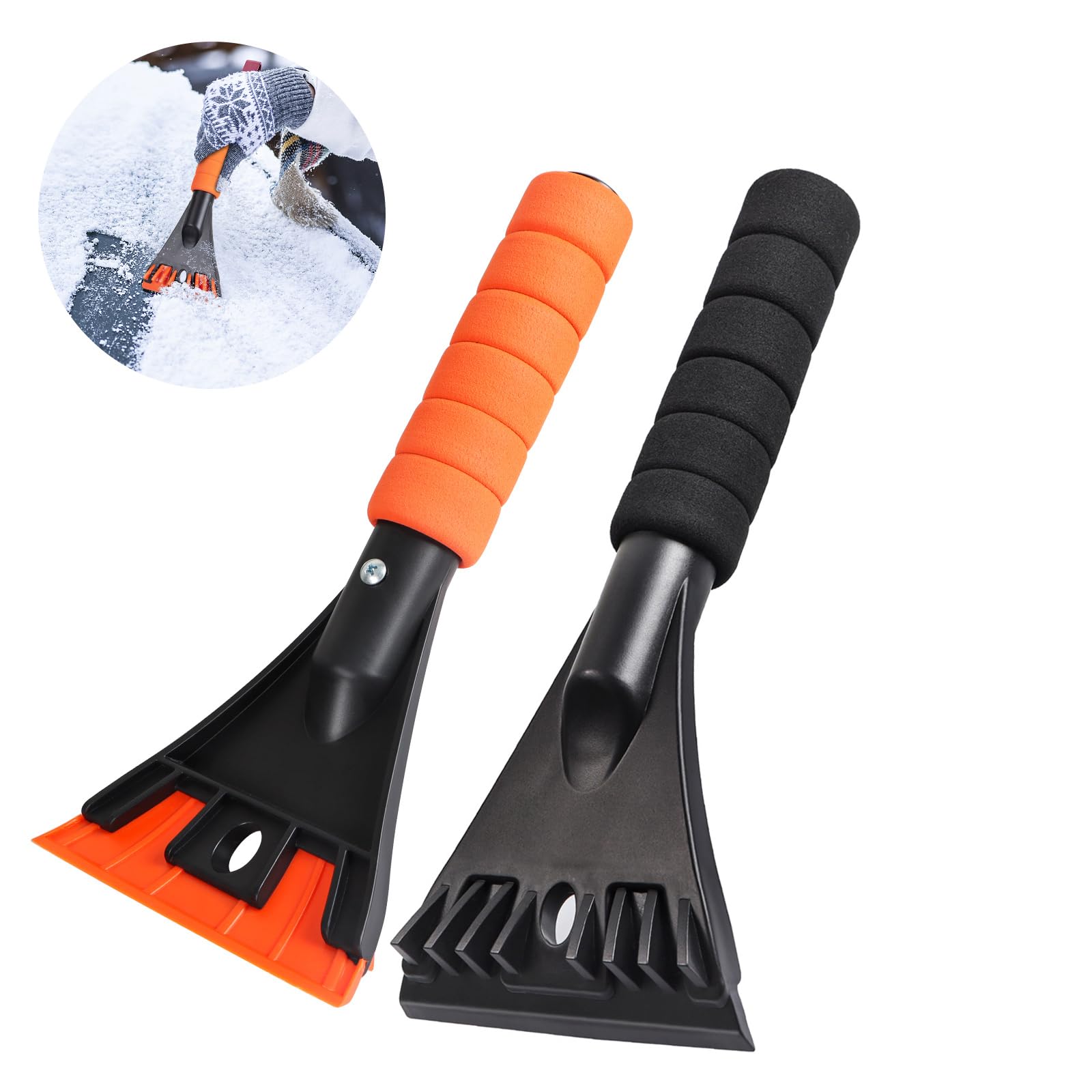 Qoosea 2 Pack Ice Scraper for Car Windscreen, Window Frost Snow Remover Tool for Cars SUV Pick Up Trucks, Cars Ice Scraper with Foam Handle-Scratch Free Snow Shovel (Black+ Orange)