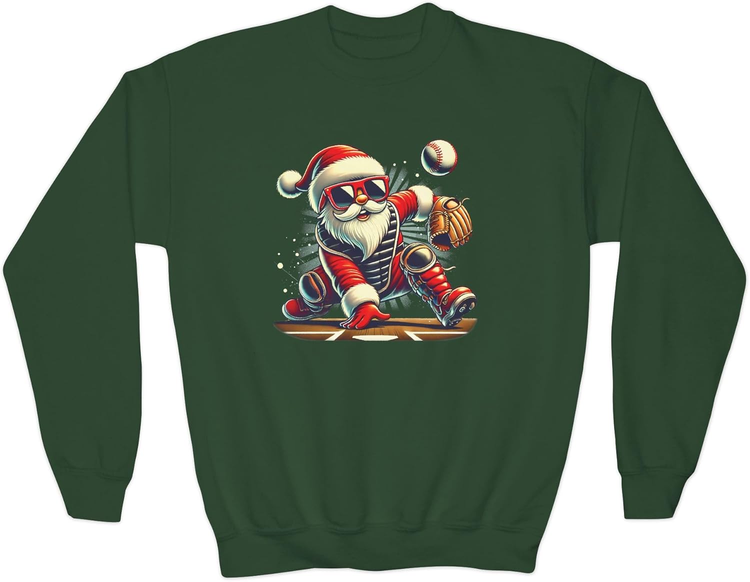 Santa Playing Baseball Catcher Christmas Sweatshirt Kids Youth Holiday Baseball Sweater for Boys Toddler Baseball Fans Gifts