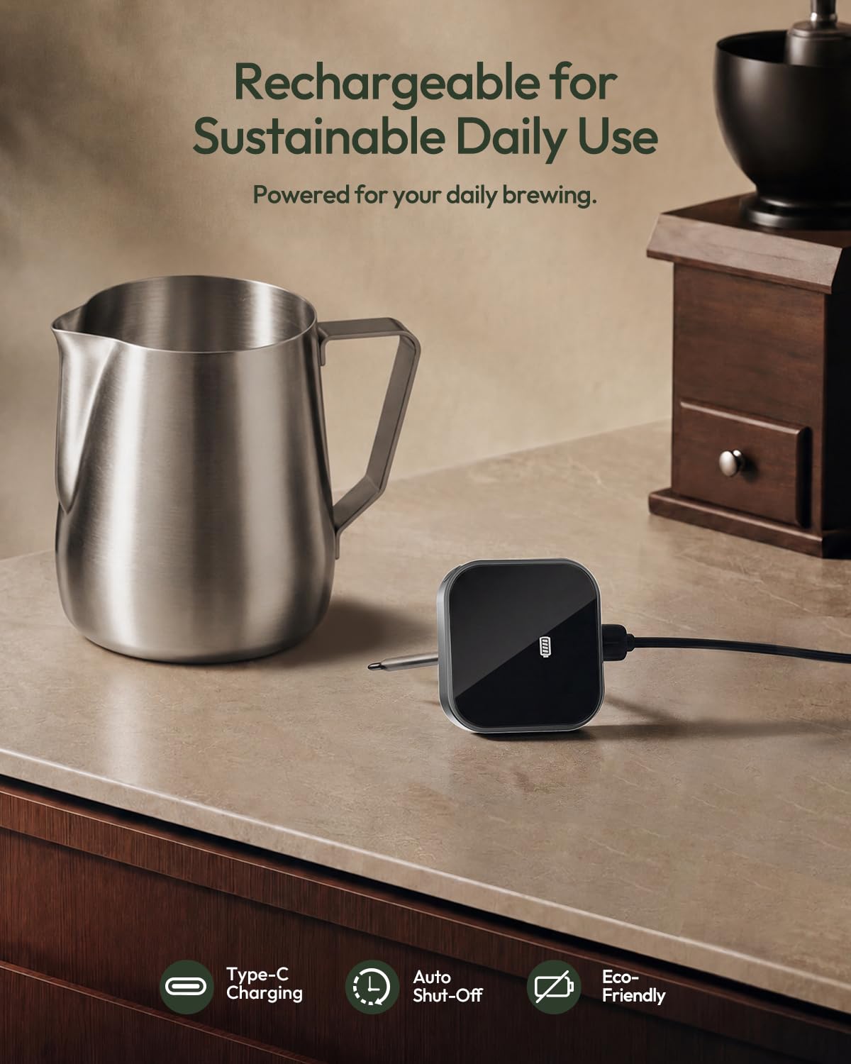 Maestri House Termómetro de cocina de alta precisión 0,1 °C/°F con espumador de leche de 350 ml, pantalla LCD grande y clip extraíble para espuma de leche, café y mermelada (gris)
