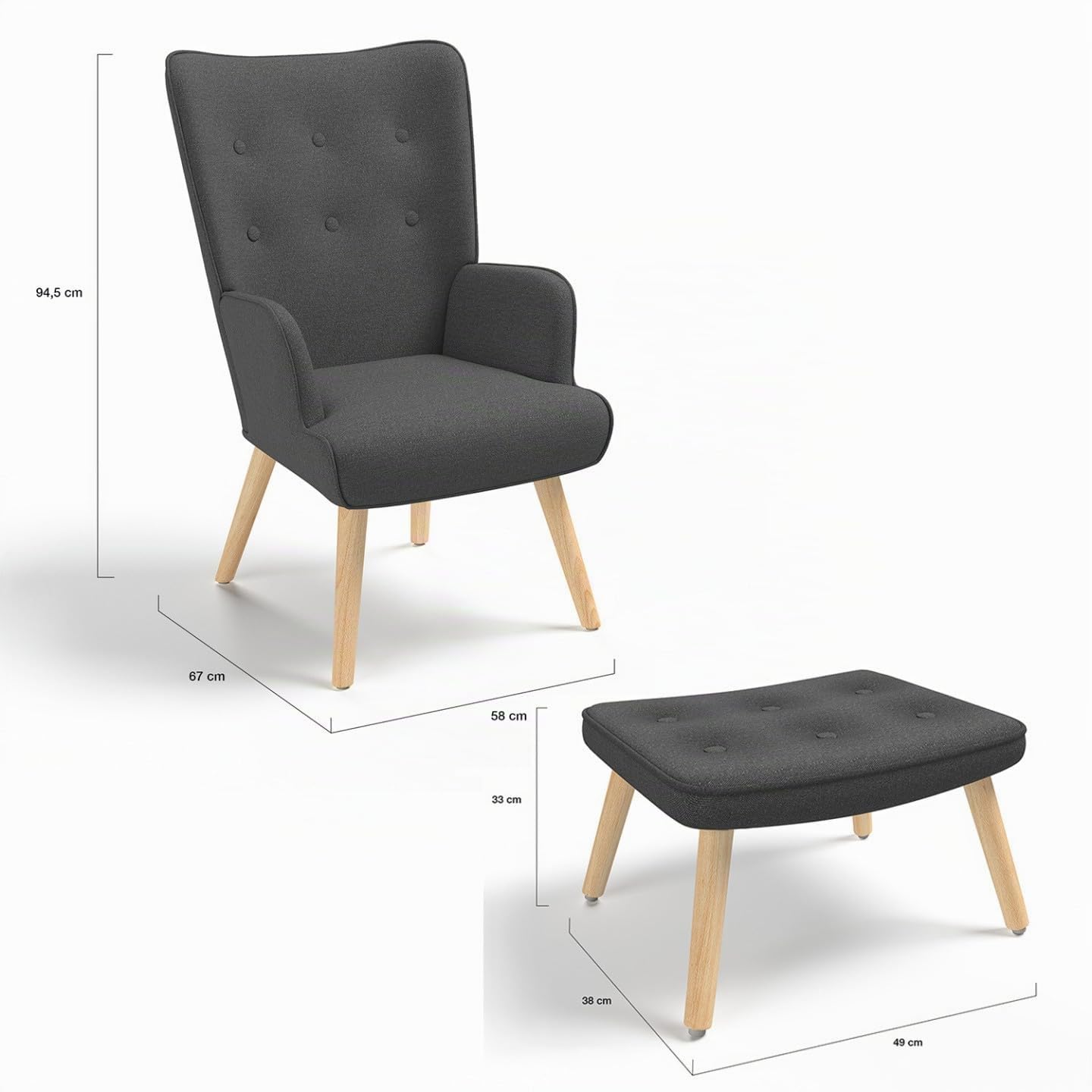 IDMarket - Fauteuil scandinave Ivar avec Repose Pieds Gris Anthracite