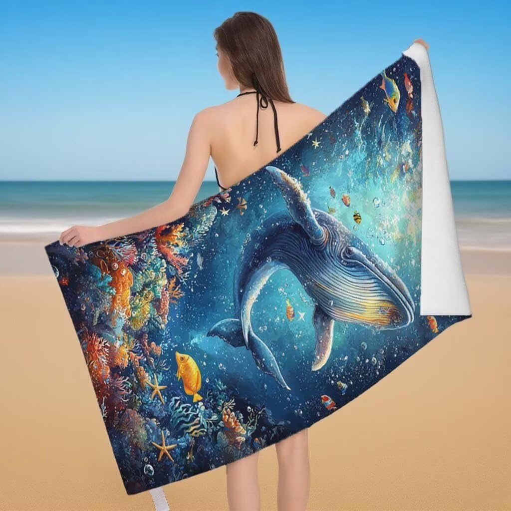 Telo Mare Microfibra 2 Set Telo Mare Grande 220x100cm/35x70cm Asciugamano Palestra Uomo, Leggero Antisabbia Asciugatura Rapida Vacanze Teli da Spiaggia per Piscina, Regalo Donna Uomo (Oceano) E-80