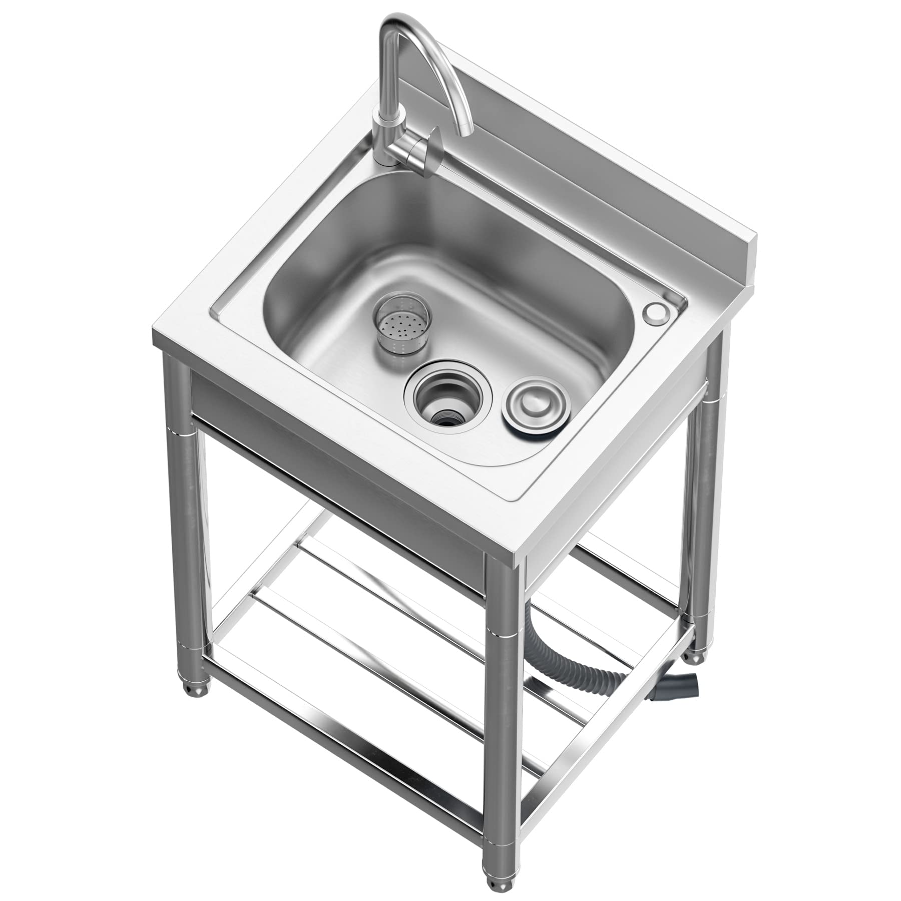 Évier Inox de Cuisine 1 Bac Professionnel, 55 x 50 x 94 cm Évier Inox Autoportant avec Robinet et Accessoires, Évier Extérieur et Intérieur, Plonge Inox pour Cuisine, Restaurant, Garage, Jardin
