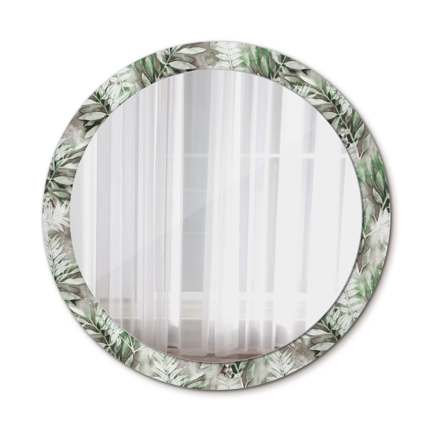 Miroir mural rond Ø90 cm Tulup avec motif de feuilles d'aquarelle pour décoration de salle de bains