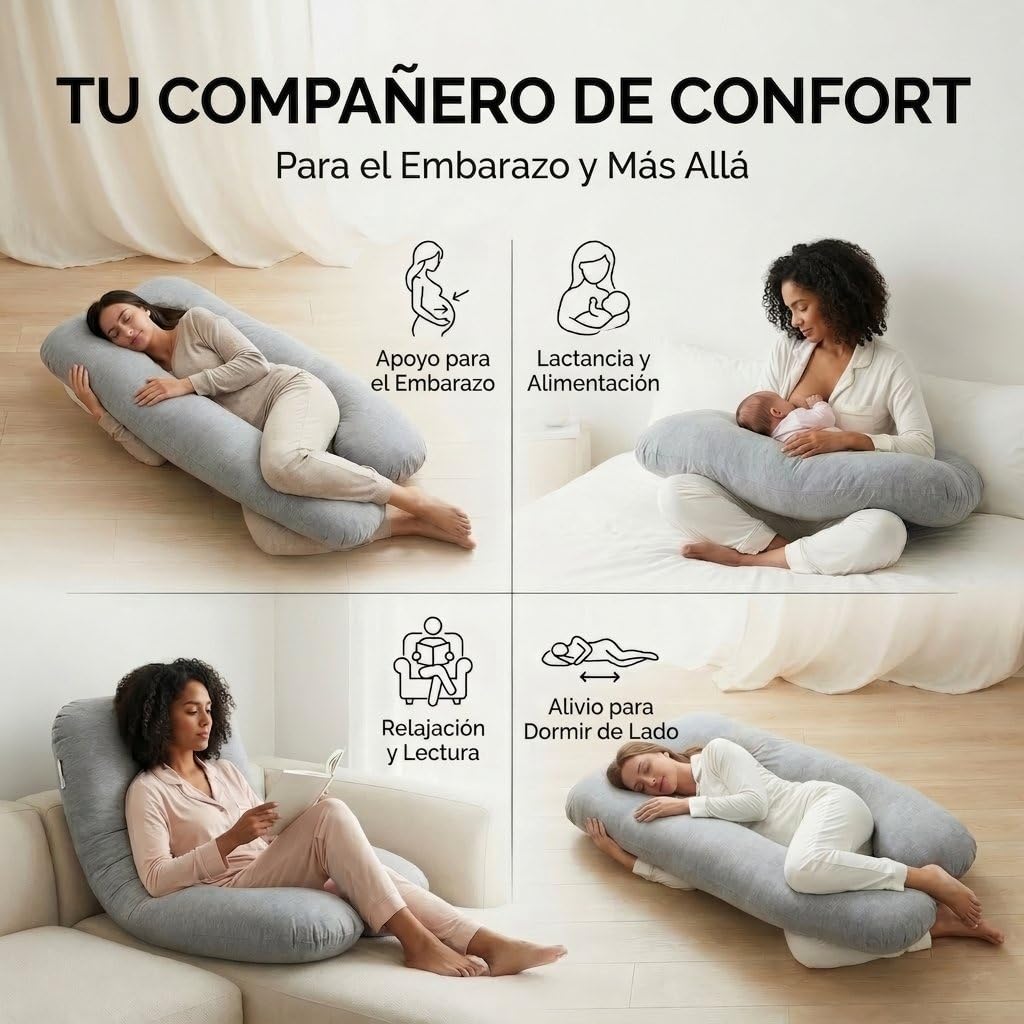SMOOTHY® Almohada Embarazo en U 120x70 cm - Funda Algodón Lavable | Relleno de fibra de silicona que recupera su forma - sin cremallera que se rompa - ideal para dormir de lado y lactar