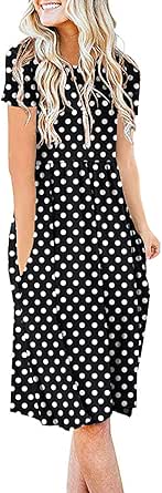 DB MOON Women Casual Short Sleeve Dresses Empire Waist Knee Length Dress with Pockets