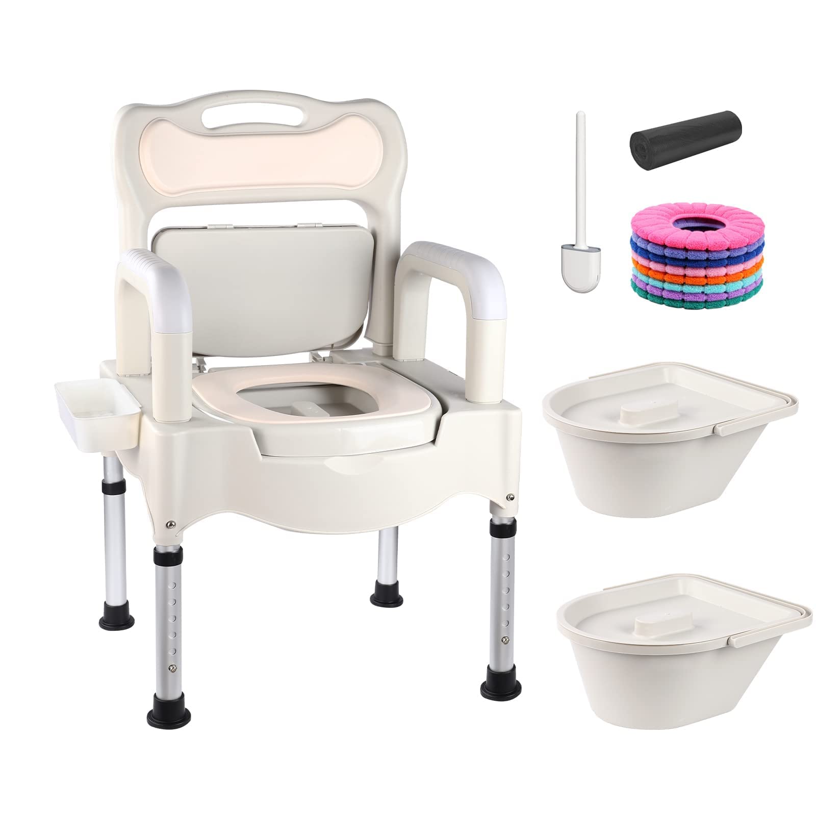 Bedside Commode Toilet Chair Seat with Handles for Elderly, Adjustable Mobile Portable Toilets, Adult Potty Chair Supports 660 Lb Commodes for in Home Care for Seniors Disabilities Maternity (White)