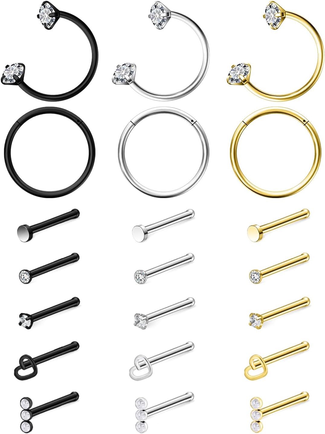 Hoeudjo Horseshoe Nose Ring Surgical Steel Hinged Nose Rings Hoop for Women Men Tiny Nostril Stud Corkscrew/Bone/L Shaped Nostril Piercing Jewelry 18 Gauge 21 Pieces