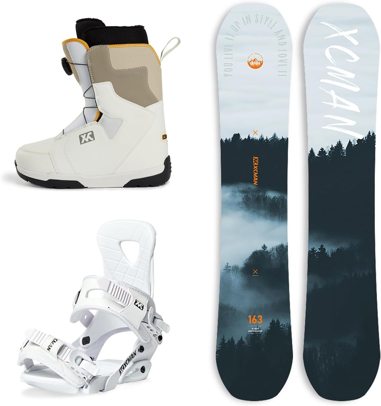 XCMAN Complete Men's Snowboard Package Cloudy Forest Premium Snowboard + M2 bindings + Boots All Terrain for Beginers