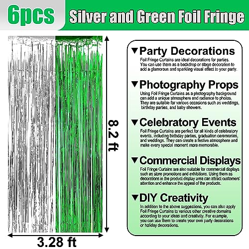 Image of 6 Pack Silver Green Foil Fringe Curtain Backdrop, 3.28Ft x 8.2Ft Metallic Tinsel Foil Fringe Streamer Curtains for Photo Booth, Christmas Day, Thanksgiving, Wedding, New Year Party Decorations