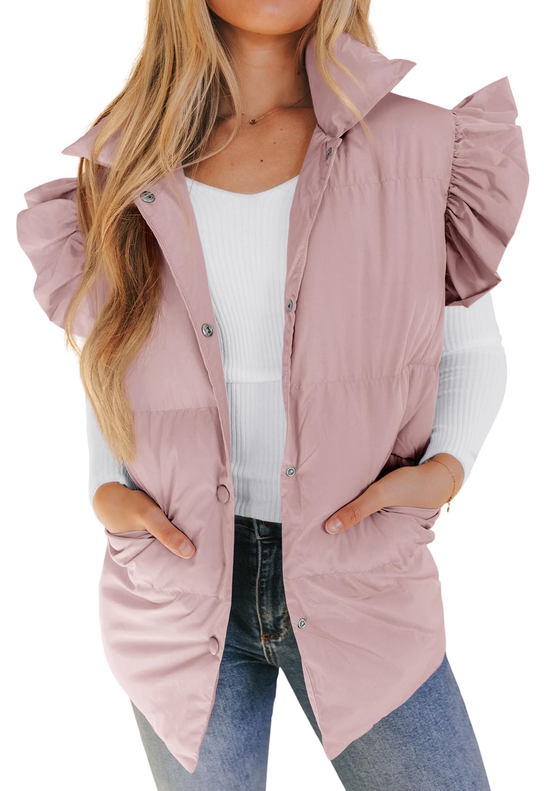 Valphsio Womens Puffer Vest Fall Winter Ruffle Sleeve Gilet Outerwear Coat