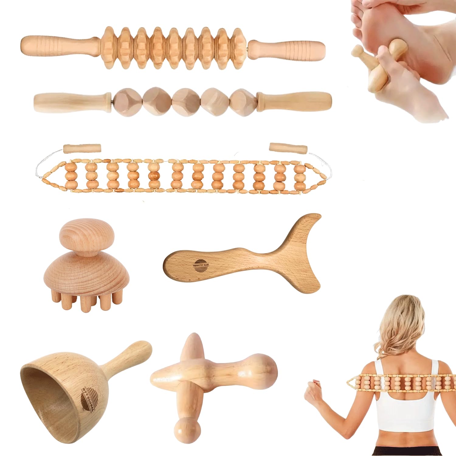 Wood Massager 7 Pezzi Set per Corpo, Strumenti di Maderoterapia per Massaggio Muscolare, Drenaggio Linfatico e Relax, Rulli e Barre in Legno per Gambe, Braccia, Schiena – Benessere Casa Spa