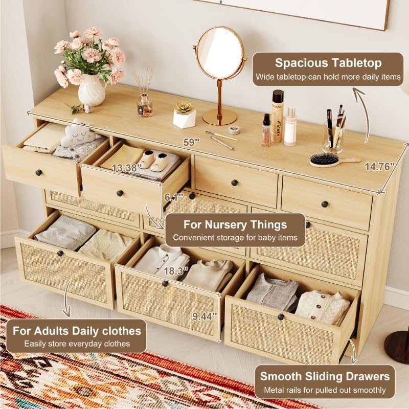 Brafab 59" Mid-Century Rattan 10 Drawer Dresser