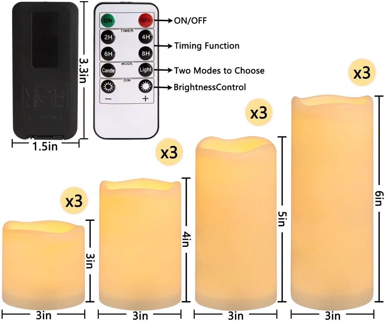 Flameless Battery Operated Outdoor Waterproof Set of 12(D: 3" x H: 3" 4" 5" 6") Pillar LED Candles with 10-Key Remote and Cycling 24 Hours Timer - Image 2