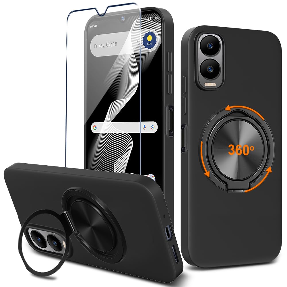 Compatible for Cricket Debut S3 Phone Case with Glass Screen Protector, 360° Rotatable Ring Holder Kickstand Silicone Protective Cover Case for