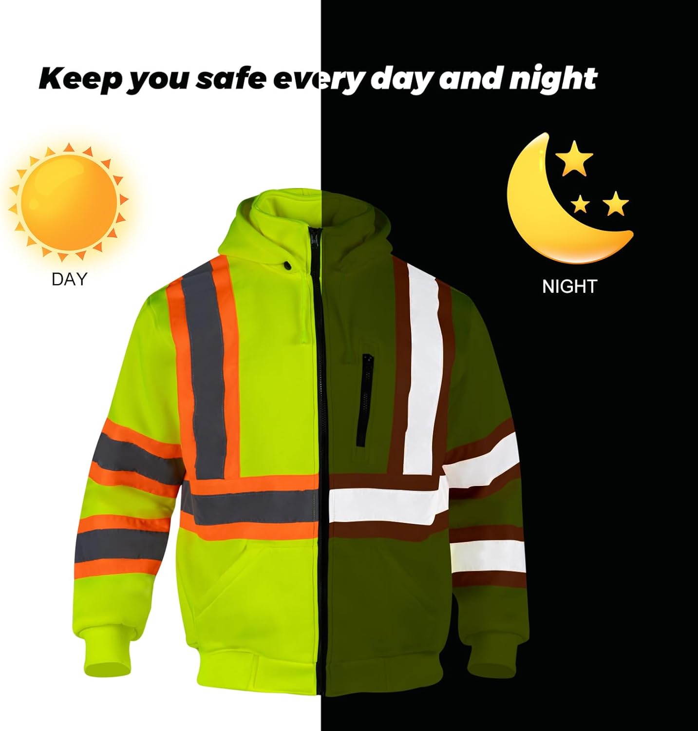 High Visibility Safety Fleece Hoodie for Men ANSI Class 3 Reflective Sweatshirt Construction Jacket - Image 4