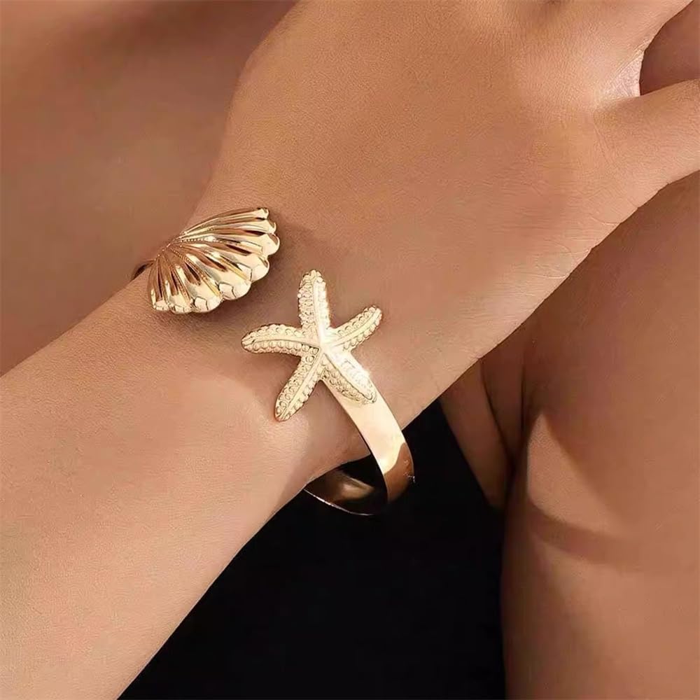 Shell Starfish Statement Bracelet For Women Surgical Stainless Steel Fashion Adjustable Ocean Sea Style Open Cuff Wrap Bracelet Comfort Fit Chic Holiday Summer Party Jewelry Dainty Gift - Image 2