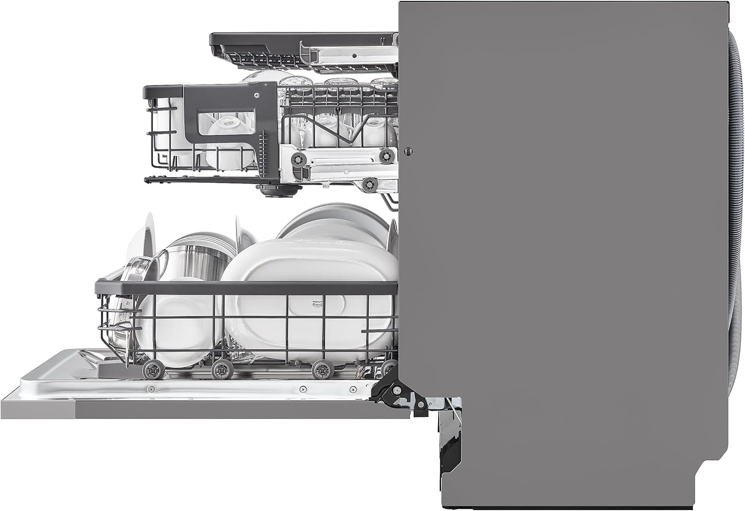 LG QuadWash DB365TXS Lavastoviglie da Incasso a Scomparsa Totale, Serie 3, Classe B, 14 coperti, 4 Bracci Irroratori, Vapore, Cerniere Sliding, Apertura Automatica, 3° Cestello, Wi-Fi, Acciaio