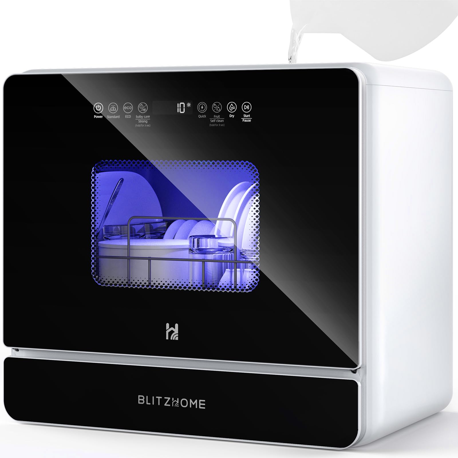 Countertop Portable Mini Dishwasher, 9 Programs,167℉ High-Temp, Hot Air Drying, Air Refresh, 360° 3 Spray, 24H Timing, LED Light, 5.2L Built-in Water Tank for Apartments RVs