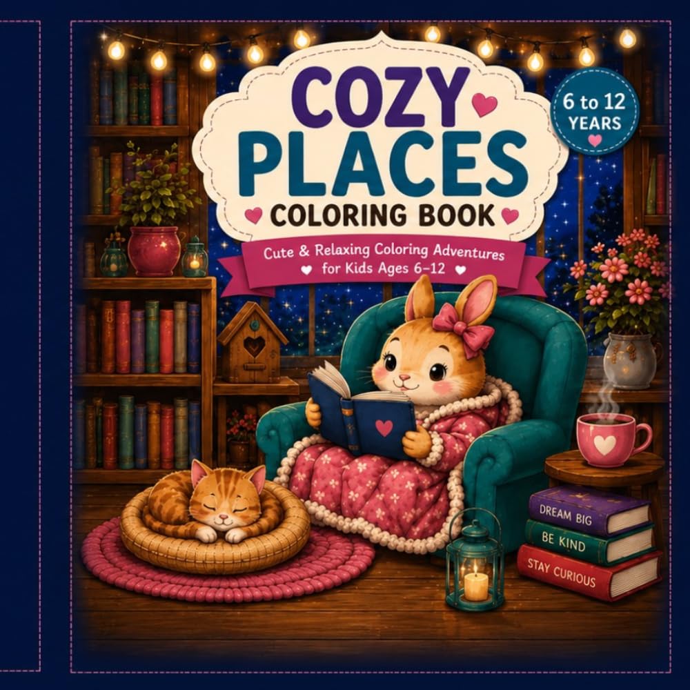 Cozy Places: Cute & relaxing coloring adventures for kids age 6-12