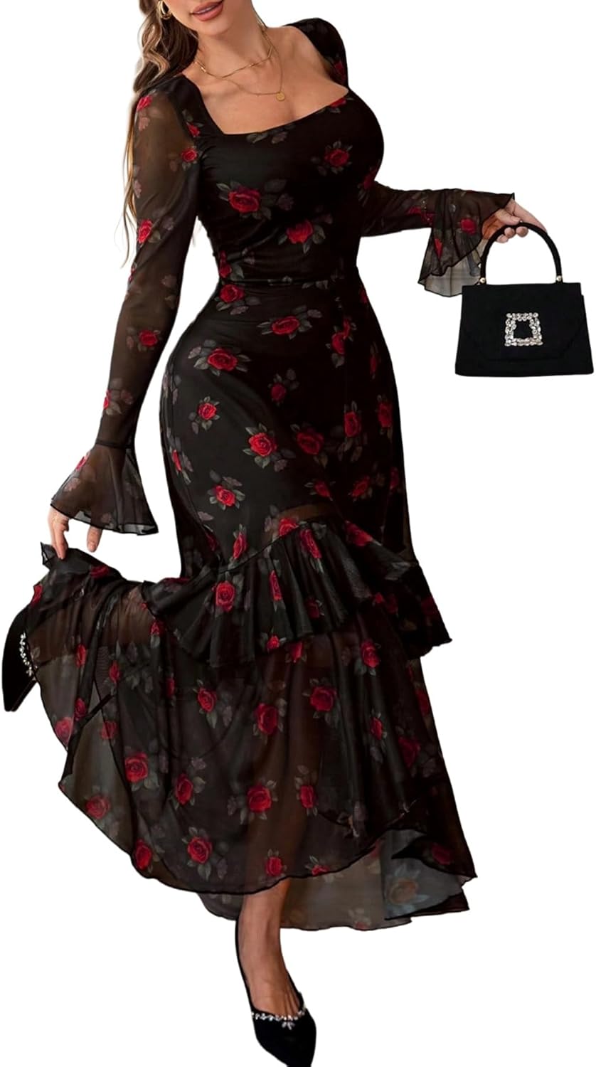 GothDark Women's Floral Mesh Dress Elegant Long Sleeve Square Neck Double Layer Ruffle Hem Casual Wedding Guest Maxi Dresses