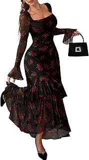 GothDark Women's Floral Mesh Dress Elegant Long Sleeve Square Neck Double Layer Ruffle Hem
