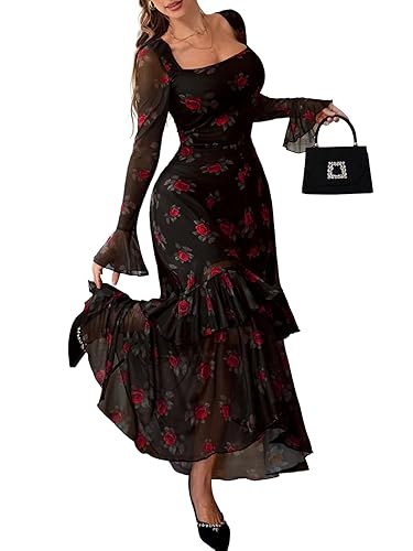 GothDark Women's Floral Mesh Dress Elegant Long Sleeve Square Neck