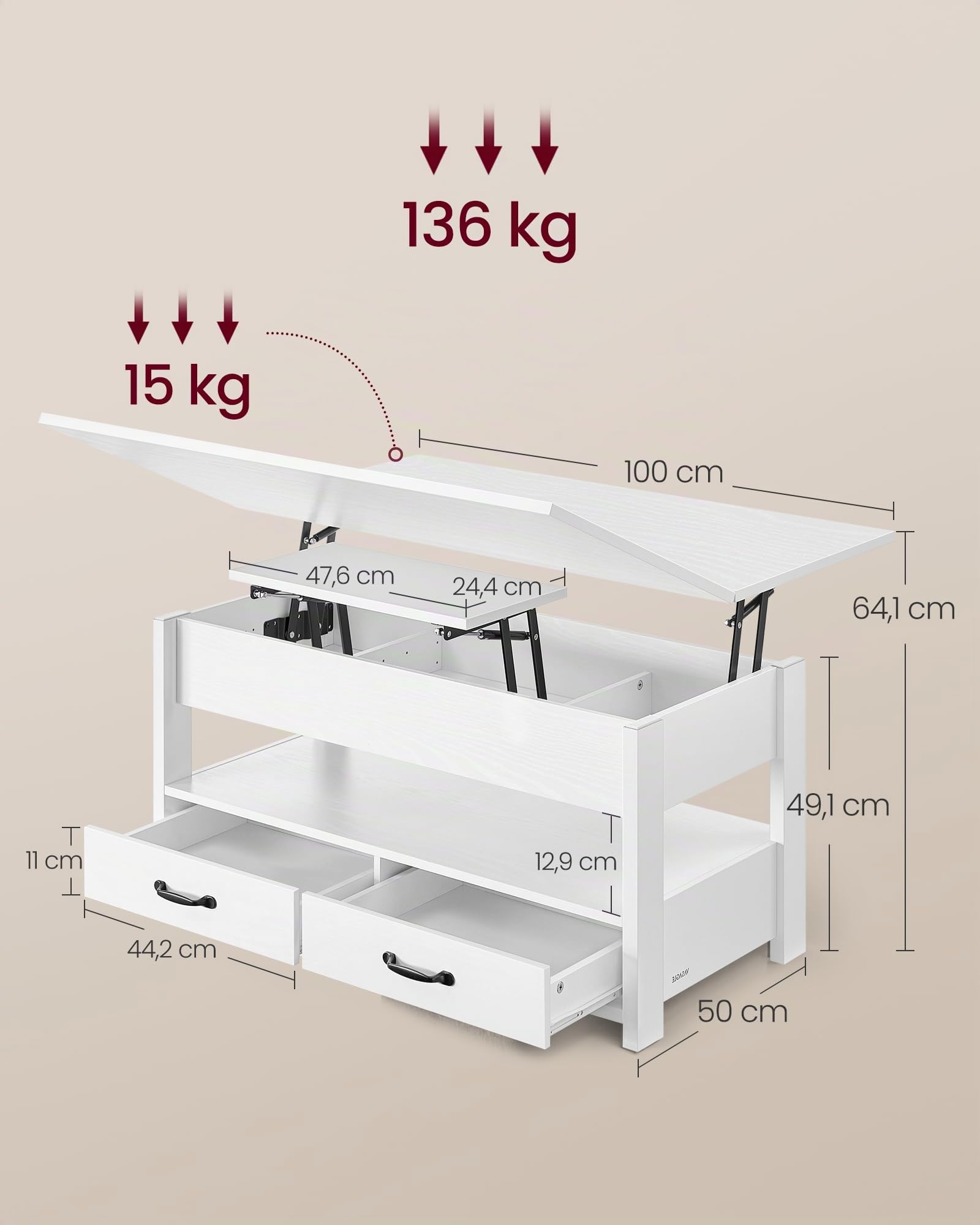 VASAGLE Mesa de Centro, Regulable en Altura, con Pistón de Gas, 2 Cajones y 3 Compartimentos Bajo el Tablero, Mesa de Café con 1 Compartimento Abierto, para Salón o Estudio, Blanco Nieve LCT254W02