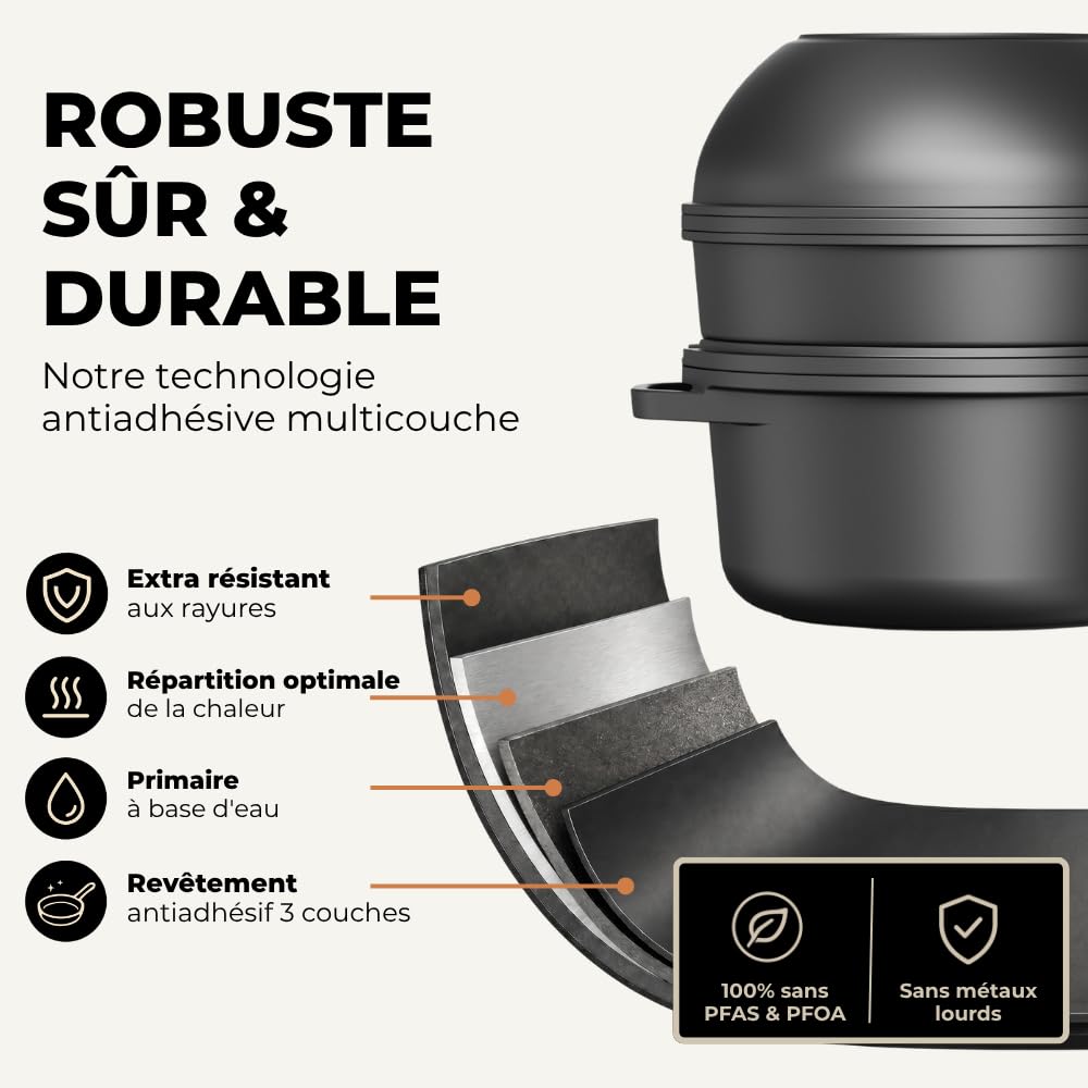 Pro 12 Pièces Batterie de cuisine, Casserole Induction, Casseroles et Poêles à Poignée Amovible, Empilable et Compact, Revêtement Antiadhésif, pour Vitrocéramique, Nettoyage Facile