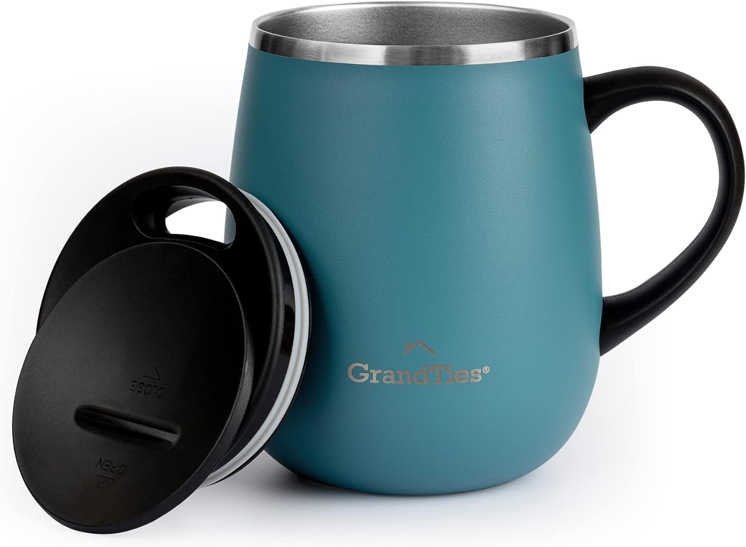 GRANDTIES Insulated Coffee Mug with Handle Sliding Lid for Splash-Proof 16 oz Wine Glass Shape Thermal Tumbler with Double Walled Vacuum Stainless Steel to Keeps Beverages Hot or Cold Atlantis Blue