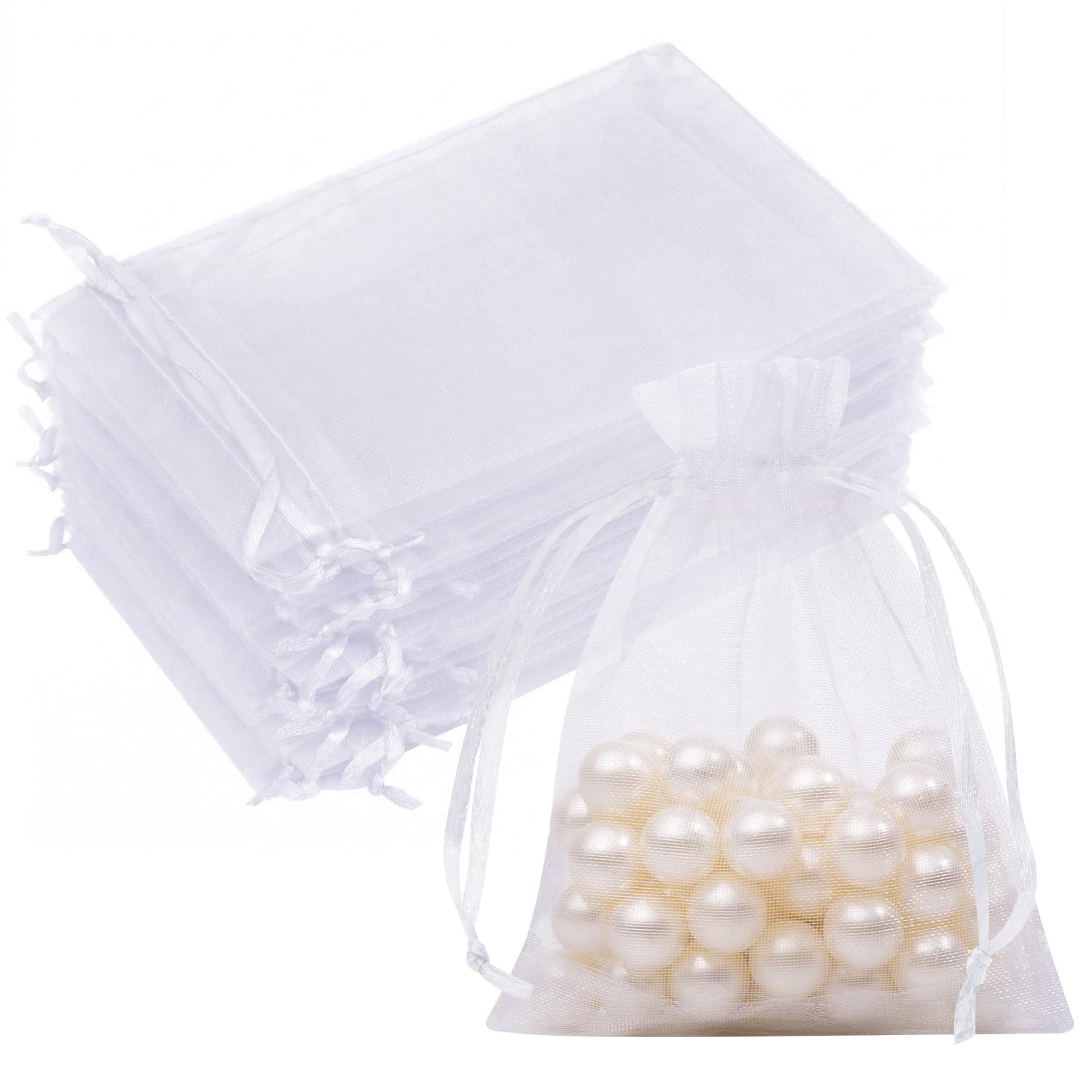 50PCS White Organza Bags 3x4, Small Mesh Gift Bags Drawstring Mini Sheer Pouches Cute Goodie Baggies for Jewelry Candy Treats Sachet Wedding Birthday Party Favors Halloween Christmas
