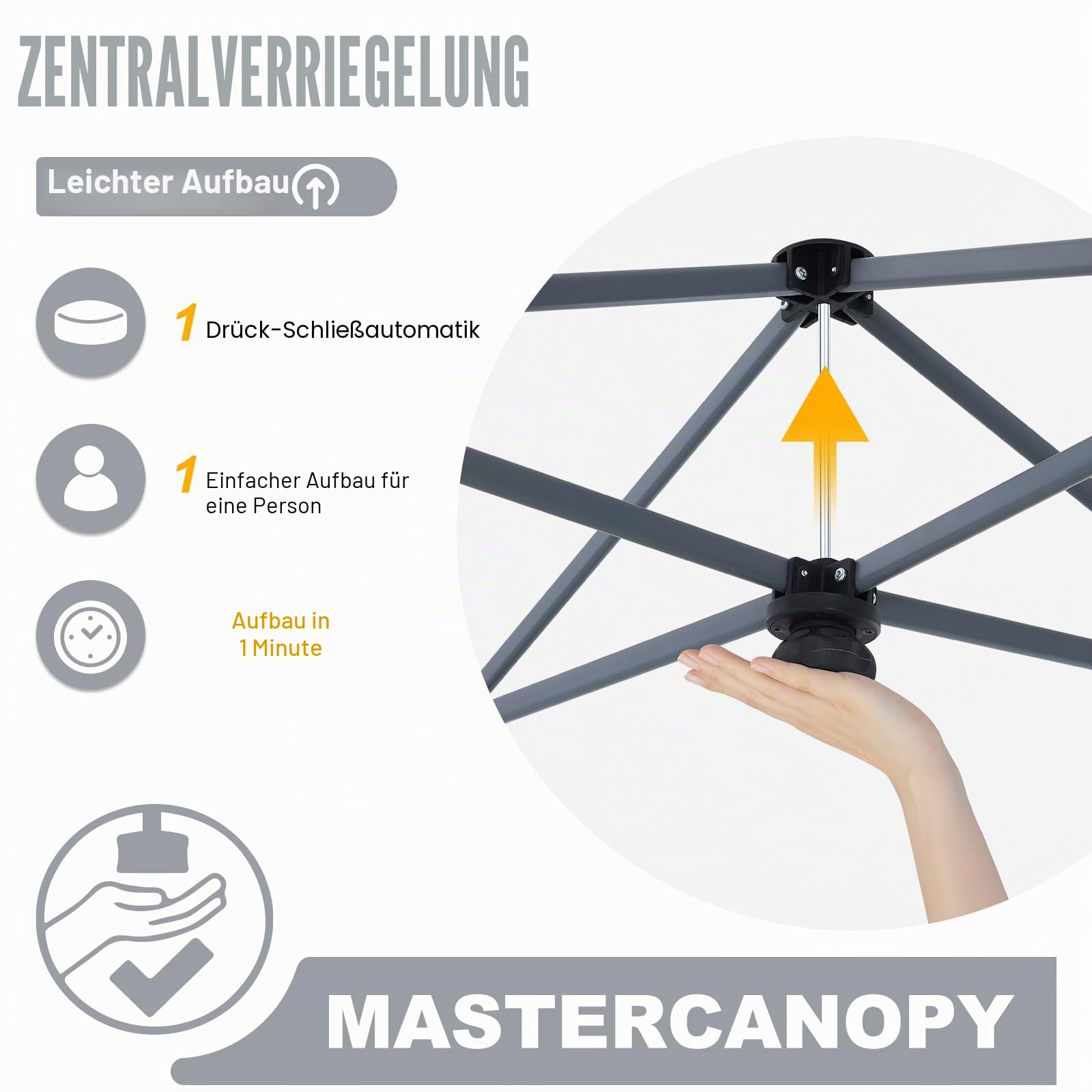 MasterCanopy Pop-up-Pavillon 3x3 Schnellaufbau, 3-Fach höhenverstellbar, UPF50+, wasserabweisend, inkl. Rolltasche + 4 Sandsäcke, für Camping, Events, Garten, Darkgrau