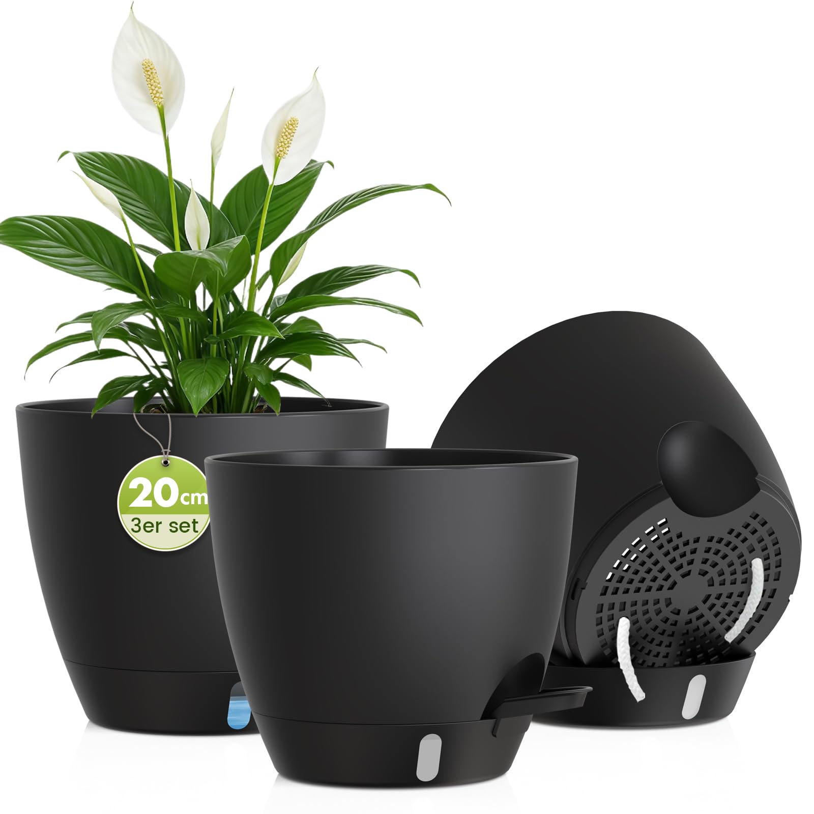 WSMKSZ 20cm Selbstbewässerungstopf, 3er Set Blumentöpfe, Schwarz | Pflanztöpfe mit Abflusslöchern, Wasserstandsanzeige & Tiefes Wasserreservoir, Kräutertopf mit Baumwolldocht, für Innen Außen