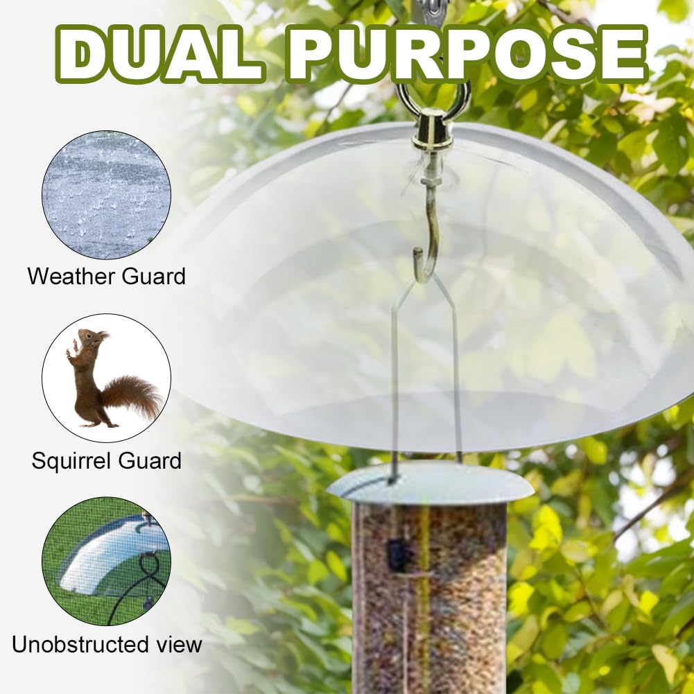 Deflector de ardilla para comederos de pájaros, 26 cm, protector de clima transparente, instalación sin herramientas, deflector de plástico resistente a la intemperie para proteger los comederos