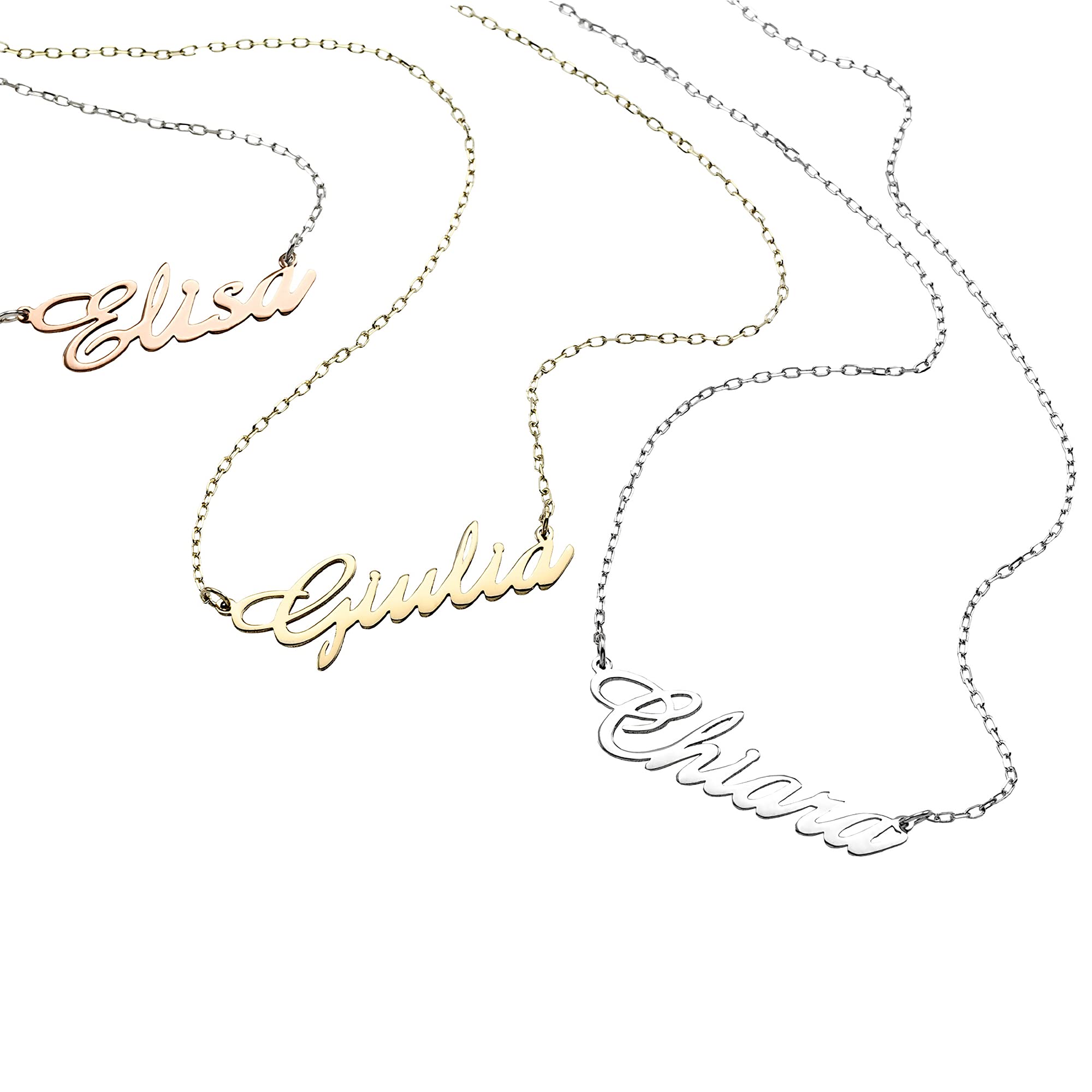 Artlinea, Collana Personalizzabile con il Tuo Nome in Carattere Corsivo, Varie Dimensioni, Lunghezza Catena 43 cm, Chiusura a Moschettone, Oro, Argento, Oro Rosa, Made in Italy