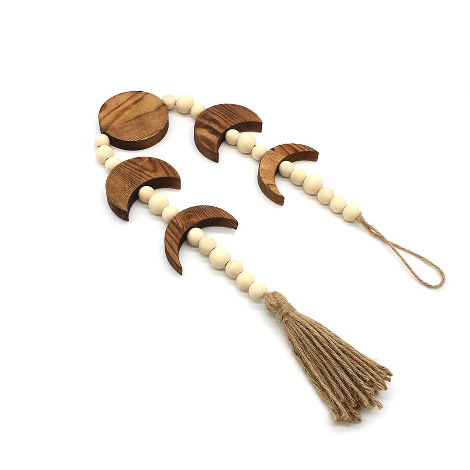 TITA-DONG Wooden Moon Phase Wall Hanging Beaded with Tassel, 29.5 x 2.8 Inch Boho Retro Home Wall Art Decoration - Image 3